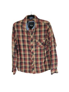 Bench Urbanwear Mens Flannel Shirt Cotton Button Down Pocket Plaid Brown S